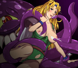 aqua_eyes blonde_hair blush bracelet breasts breasts_out celes_chere clothing cum female final_fantasy final_fantasy_vi headband human leotard long_hair male monster octopus one-eyed open_mouth red_eyes saliva sharp_teeth straight tentacle tentacle_grab ticktank torn_clothes torn_leotard ultros yellow_sclera