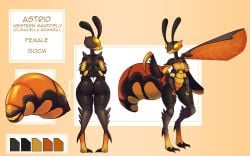 absurd_res animal_genitalia antennae_(anatomy) anthro arthropod arthropod_abdomen arthropod_abdomen_cloaca arthropod_abdomen_genitalia artlegionary brown_body cloaca color_swatch compound_eyes digitigrade female genitals glistening glistening_body hi_res horizontal_cloaca huge_arthropod_abdomen hymenopteran insect_wings insects mantis model_sheet multicolored_body nude orange_body orange_eyes solo spikes spikes_(anatomy) two_tone_body wasp wings yellow_body yellow_eyes