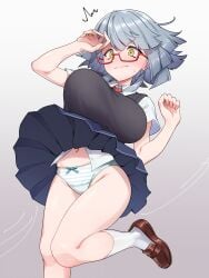 blush bow bow_panties breasts clothes_lift female female_focus glasses gluteal_fold grey_hair jumping large_breasts megido72 navel panties shoes skirt skirt_lift socks solo underwear upskirt yellow_eyes yotubeya