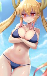 1girls annoyed arms_under_breasts beach big_breasts bikini blonde_hair cleavage crossed_arms death_stare dragon_humanoid female female_only fully_clothed large_breasts long_hair miss_kobayashi's_dragon_maid ozrereresan revealing_clothes skimpy_clothes solo swimsuit tohru_(dragon_maid) twintails