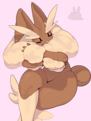 2024 3_fingers ambiguous_gender anthro blush brown_body brown_fur closed_eyes fingers fluffy_ears fur generation_4_pokemon hi_res kame_3 knee_tuft leg_tuft long_ears lopunny nintendo nude pink_background pokemon pokemon_(species) simple_background sleeping solo tail tuft