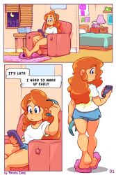 1girls back_view bedroom big_breasts blue_eyes cellphone comic comic_page couch curly_hair cute cute_face english_text feet female female_focus female_only keyla_(patatadave) nice_ass oc orange_hair original_character page_1 page_number patata_dave sitting_on_chair walking