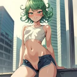 ai_generated bare_shoulders blush breasts covered_nipples curly_hair female flipped_hair green_eyes green_hair henrychrist looking_at_viewer navel no_panties one-punch_man open_fly petite pussy short_hair shorts small_breasts smile solo tatsumaki uncensored