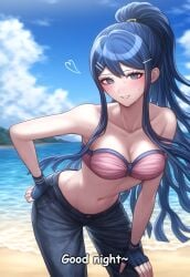 1girls ai_generated beach bent_over danganronpa danganronpa:_trigger_happy_havoc english_text fingerless_gloves flirting hand_on_hip hand_on_own_thigh heart high_ponytail highres lips looking_at_viewer maizono_sayaka makeup midriff nai_diffusion pants pattern_clothing pink_bikini seductive_look seductive_smile stable_diffusion strapless sweat text