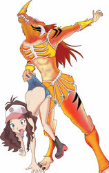 brown_hair crossover female game_freak gladiator_beast gladiator_beast_laquari hilda_(pokemon) nintendo owl's_studio owl2002 pokemon pokemon_bw white_background yu-gi-oh!