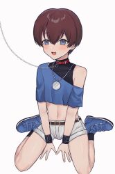 1boy blush brown_hair chris_(king_of_fighters) collar heart-shaped_pupils king_of_fighters leash male male_only on_knees petplay snk solo solo_male