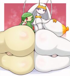 anthro areola ass ass_to_ass big_breasts biped breasts duo eyelashes female gardevoir generation_3_pokemon generation_7_pokemon genitals green_hair hair hi_res huge_breasts looking_back matospectoru nintendo nipples pheromosa pokemon pokemon_(species) pupils pussy smile take_your_pick thick_thighs ultra_beast white_body