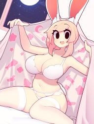 1girls bedroom big_breasts black_eyes bra bunny_ears bunny_girl female female_only fiz fizintine garter_belt hi_res jpeg lingerie looking_at_viewer original pink_hair smiling smiling_at_viewer solo stockings thick_thighs under_sheets white_stockings