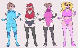 1futa alternate_costume balls big_breasts big_penis bimbo bimbo_lips blonde_hair breasts brown_hair bulge clothed clothing cosplay erection erection_under_clothes fully_clothed futa_only futanari high_heels human jam-orbital light-skinned_futanari light_skin lineup long_hair may_(pokemon)_(cosplay) metroid penis samus_aran_(cosplay) solo standing tagme tenting twintails zero_suit