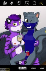 animal_genitalia anthro balls bepis beverage beverage_can blue_body blue_fur breasts brown_eyes bubble_tea camera_hud crystal_the_tiger domestic_cat drinking duo eyelashes felid feline felis female fur furniture genitals grey_body grey_fur hair hands-free_bubble_tea hi_res holding_breast looking_at_viewer male mammal markings meme navel nipples on_lap on_sofa one_eye_closed pantherine penetration purple_body purple_fur purple_hair scout_the_cat_(character) scoutthecat02 selfie sheath sheath_penetration sheath_play sitting sitting_on_lap sitting_on_sofa smile soda soda_sheath sofa striped_markings striped_tail stripes tail tail_markings tiger white_body white_fur wink winking_at_viewer yellow_body yellow_eyes yellow_fur