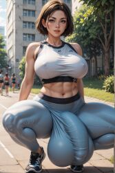 ai_generated balls_bigger_than_penis big_breasts bulge fit_female futanari gym_clothes gym_uniform huge_balls huge_cock huge_penis huge_testicles large_breasts leggings muscular_futanari penis_under_clothes short_hair squatting tight_clothing unincarcerable