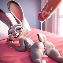 after_sex after_vaginal ai_generated anthro bed bedroom bunny bunny_ears bunny_girl cum cum_in_pussy furry happy human_on_anthro interspecies jjjaunts judy_hopps looking_back penis pussy satisfied sex sheets vaginal_sex zootopia