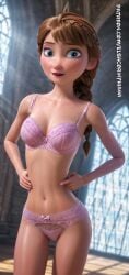 1girls 1woman 9:16 ai ai_art ai_generated ai_nude anna anna_(frozen) bedroom bedroom_background blue_eyes bra brown_hair disney disney_plus disney_princess elsacorinthiana female female_only frozen looking_for_viewer medium_breasts panties patreon patreon_link patreon_url pink_bra pink_panties posing posing_for_viewer realistic semi-naked semi-nude semi-nudity semi_naked semi_nude skinny standing standing_position thin_body white_skin