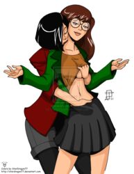 2011 2girls belly black_hair breast_fondling breast_grab brown_eyes brown_hair callmepo clothing color colored daria daria_morgendorffer female female_only glasses jane_lane long_hair multiple_girls navel nerd skirt stardragon77 stomach watermark yuri