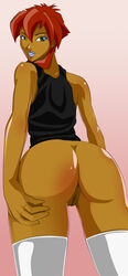 1girls anus ass big_ass bottomless color colored dark-skinned_female dark_skin dat_ass eyeshadow female female_only green_eyes human humanoid kiva_andru lipstick long_hair looking_back makeup mammal megas_xlr pussy red_hair smile tbone111 teeth vagina