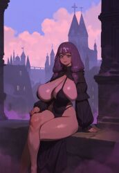 1female 1girl 1girls architecture big_ass big_breasts bra breasts_bigger_than_head castle cloak clouds dress european evening fog hand_on_thigh huge_ass huge_breasts huge_thighs human large_ass large_breasts large_thighs looking_at_viewer looking_pleasured maiden one_piece_suit oppaipriest purple_eyes purple_hair shiny shiny_skin smile smiling smiling_at_viewer tagme thick_thighs thin_waist useless_clothing village wide_hips