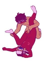 1boy big_penis black_hair blonde_hair countryhumans cuntboy germany_(countryhumans) imminent_sex intersex male penis_on_pussy red_skin russia_(countryhumans) socks ushanka veiny_penis