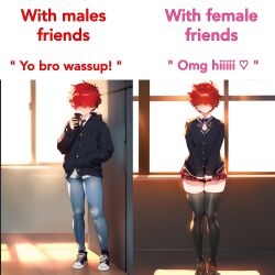 ai_generated cute_male femboy feminine_body feminine_male feminization jeans no_watermark novelai red_hair sissy skirt socks text thick_thighs