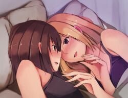 2girls alternate_costume bad_id bad_pixiv_id bed blonde_hair blush brown_eyes brown_hair couple fumei_(mugendai) long_hair maribel_hearn multiple_girls open_mouth pillow purple_eyes renko_usami short_hair smile tank_top touhou usami_renko yuri