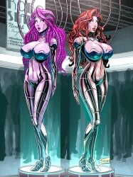 2girls hourglass_figure huge_ass huge_breasts metal metal_body metal_breasts metal_girl metal_hair metal_hand metal_head metal_legs metal_nipples metal_skin metallic metallic_body metallic_hair metallic_skin multiple_girls robot_girl shono thick_thighs wide_hips