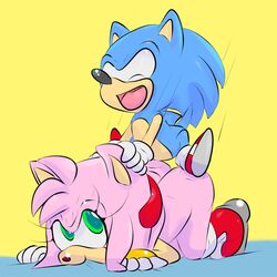 af-js amy_rose anthro color female fur furry furry_only hedgehog male mammal nude on_stomach open_mouth sex short_hair simple_background sonic_(series) sonic_the_hedgehog straight uncensored vaginal_penetration yellow_background