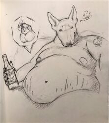 5_fingers alcohol alcohol_bottle anthro aroused balls becoming_erect becoming_flaccid beer beer_bottle belly_overhang beverage big_moobs binbow bodily_fluids bottle bubble bull_terrier canid canine canis container domestic_dog drunk drunk_bubble fingers genital_fluids genitals guide_lines hatching_(art) heart_symbol heart_tattoo hi_res holding_beverage holding_object hunting_dog looking_at_viewer love_handles male mammal melee_weapon moobs motion_lines nipples penis precum shaded sitting sitting_on_furniture small_penis solo stretch_marks substance_intoxication sword tattoo terrier traditional_media_(artwork) weapon