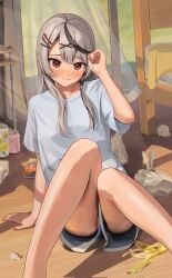 1girls 2d banana_peel bed bedroom black_hair blue_shirt blue_shorts blush braid braided_hair drink_can ear_piercing eyebrows_visible_through_hair female female_only grey_hair hair_between_eyes hololive hololive_japan legs long_hair looking_at_viewer multicolored_hair nail_polish panties pink_panties red_eyes red_nails remi_(rem67763852) sakamata_chloe shirt shorts sitting solo thighs tissue virtual_youtuber vtuber wooden_floor