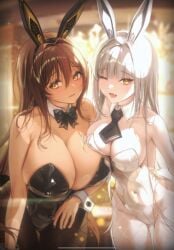 2girls ass_visible_through_thighs blanc_(nikke) breasts brown_hair bunny_ears bunnysuit cleavage dark-skinned_female dark_skin female_only fishnets game_cg goddess_of_victory:_nikke huge_breasts light-skinned_female light_skin long_hair noir_(nikke) official_art one_eye_closed open_mouth thick_thighs thigh_gap white_hair wide_hips yellow_eyes