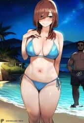 1-a_dot 1boy 1girls ai_generated beach bikini dark-skinned_male dark_skin female go-toubun_no_hanayome interracial light-skinned_female male nakano_miku netorare ntr schoolgirl smile