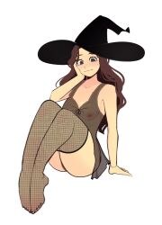 1girls breasts brown_hair color female fishnets hexia_(miaormoa) messy_hair miaormoa(artist) oc original solo thighhighs transparent_clothing witch_hat