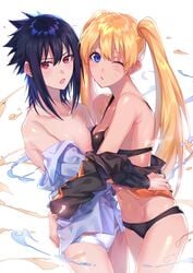 2girls abs bare_arms bare_shoulders bettybebe_09 black_bra black_hair black_panties blonde_hair blue_hair blush bra breast_press breasts canon_genderswap cleavage clothes clothes_down clothing cuddling embrace embracing female female_only flat_chest flat_chested genderswap genderswap_(mtf) hug jacket legs long_hair looking_at_viewer naruko naruto naruto_(series) naruto_shippuden one_eye_closed open_mouth pale-skinned_female pale_skin panties perky_breasts pose posing presenting_breasts red_eyes rule_63 sasuke_uchiha sasuko sexy_no_jutsu sharingan slim small_breasts standing thighs tied_hair twintails uncensored undressing uzumaki_naruto whisker_markings whiskers white_background white_panties wink yellow_hair yuri