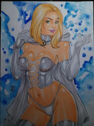 big_breasts blonde_hair breasts cameltoe corset curvy curvy_figure earrings elberty_(artist) emma_frost female female_only green_eyes hellfire_club hourglass_figure marvel marvel_comics panties traditional_art traditional_media_(artwork) white_queen x-men