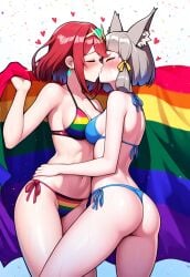 ai_generated duo kissing lgbt_pride nia_(xenoblade) nsfw pride_color_clothing pride_color_flag pride_colors pyra pyra_(xenoblade) rainbow_bikini rainbow_flag rainbow_pride_colors rainbow_pride_flag robofun six-stripe_rainbow_pride_colors xenoblade_chronicles_2 yuri