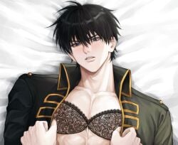2boys big_pecs black_bra black_hair blue_eyes bra gay gintama hijikata_toshiro lace lace_bra looking_at_viewer male male_only male_pov on_back on_bed open_jacket pale-skinned_male pale_skin pecs pectoral_cleavage pov shinsengumi_(gintama) solo_focus upper_body yaoi