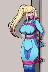 1girls ball_gag bodysuit bondage bound breasts female female_only femsub fully_clothed gag jam-orbital looking_at_viewer metroid rope samus_aran solo tied tight_clothing zero_suit_samus