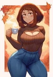 1girls ai_generated arm_behind_back autumn brown_eyes brown_hair brown_sweater cleavage coffee coffee_mug contrapposto curvy framed_breasts huge_breasts jeans krystalizedart large_breasts long_sleeves my_hero_academia ochako_uraraka smile solo solo_focus sweater thick_thighs turtleneck