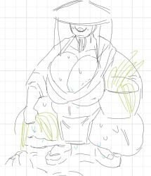 1female 1girls big_breasts chubby chubby_female cleavage cone_hat cyclops farm farmer female female_focus female_only original original_character parasytal robe robes sketch sweat sweatdrop sweating tagme thick_thighs