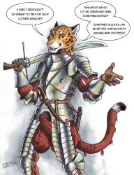 0laffson 5_fingers anthro armor biped codpiece dialogue english_text enorach_(0laffson) fangs felid fingers fur hi_res holding_melee_weapon holding_object holding_sword holding_weapon male mammal melee_weapon solo speech_bubble sword tail teeth text weapon