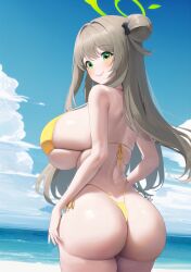 1girls ai_generated aiartforall ass ass_focus beach bikini blonde_hair blue_archive cowboy_shot dot_nose green_eyes hair_ribbon halo huge_ass huge_breasts large_breasts long_hair looking_at_viewer looking_back nonomi_(blue_archive) nonomi_(swimsuit)_(blue_archive) skindentation smile solo thighs thong