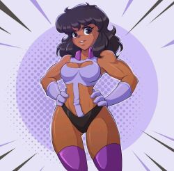 anthro artist_request black_hair black_panties boob_window brown_body brown_skin character_request chipmunk cleavage copyright_request curvy dark-skinned_female dark_skin deviantart female fit_female furry gloves hands_on_hips legwear leotard looking_at_viewer muscular muscular_arms purple_legwear revealing_clothes safe solo solo_female solo_focus strong thighs