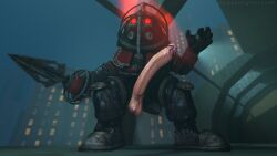 2k_games 3d_(artwork) balls big_daddy_(bioshock) big_penis bioshock digital_media_(artwork) genitals hi_res humanoid humanoid_genitalia humanoid_penis long_penis male monster obsceneeighteensfm penis rapture solo standing underwater underwater_scenery water