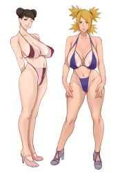 2girls 2milfs adapted_costume areola_slip arms_at_sides arms_behind_back bare_legs bare_midriff bare_shoulders big_breasts blonde_hair blunt_bangs blush boruto:_naruto_next_generations bra breasts brown_eyes brown_hair cleavage double_bun female female_only front_view green_eyes heels high_heels highleg highleg_panties hourglass_figure huge_breasts jnsdh large_breasts lipstick looking_at_viewer makeup mature mature_female midriff milf multiple_girls naruto naruto_(series) one_eye_closed panties parted_bangs pinup plain_background ponytail puffy_nipples quad_tails simple_background smile take_your_pick temari tenten twin_buns twintails underwear voluptuous white_background wide_hips wink