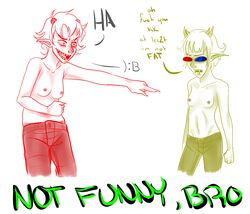 2girls :( breasts chubby dialogue female glasses homestuck horns karkat_vantas laughing ms_paint_adventures multiple_girls nipples no_shirt pants pointy_ears rule_63 sharp_teeth short_hair sollux_captor text topless troll white_background white_hair white_skin