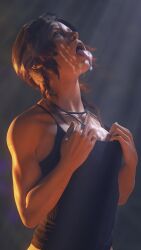 3d bottomless cum cum_on_face female kneeling lara_croft legs looking_up necklace pubic_hair semen semen_on_body solo son_umbasa tank_top tomb_raider tongue_out vagina waiting_for_cum