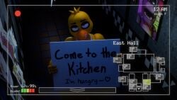 2024 3d 3d_(artwork) animatronic anthro beak bedroom_eyes bib camera camera_view checkered_floor chica_(fnaf) chicken decoration digital_media_(artwork) drawing eyebrows eyelashes five_nights_at_freddy's fnaf hallway head_tuft heart hi_res indoors inviting inviting_to_sex licking_lips message night orange_beak pink_eyes poster robot robot_girl scottgames seductive setrixart sign text yellow_body