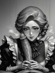 1boy 1girls ai_generated artist_proboot1 black_and_white black_dress blush fellatio female full fully_clothed gloves hand_on_head imminent_fellatio looking_at_viewer maid maid_uniform male milf monochrome seductive_look seductive_smile victorian victorian_maid