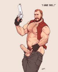 1boy bara barry_burton beard chest_hair dilf facial_hair firearm gun hairy hairy_chest handgun human male male_only muscle muscles open_jacket open_pants pale_skin resident_evil resident_evil_remake revolver solo weapon