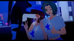 1futa 2girls 3d arm_around_shoulders bedroom cant_see_the_haters double_peace_sign double_v double_v_sign hand_on_head kira_miki koikatsu light-skinned_female light_skin looking_at_viewer night pale-skinned_futanari pale_skin peace_sign penis_covering_eyes penis_over_eyes precum sei_asagiri spiritofrei stella_hoshii thumbs_up v v_sign va-11_hall-a wink winking_at_viewer