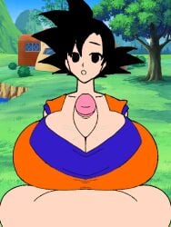 animated_gif beat_banger black_eyes black_hair breasts clothed dragon_ball dragon_ball_z female_goku genderswap_(mtf) gif huge_breasts light-skinned_female light-skinned_male light_skin outside paizuri rule_63 saiyan son_goku titfuck titjob toriel_beat_banger white_skin