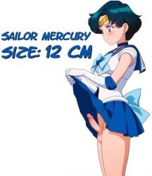 ai_generated ami_mizuno balls bishoujo_senshi_sailor_moon blue_eyes blue_hair clothed clothing dickgirl english_text erect_penis erection futanari intersex kame_g light-skinned_futanari light_skin long_penis penis sailor_mercury scrotum short_hair skirt small_breasts testicles text uncensored